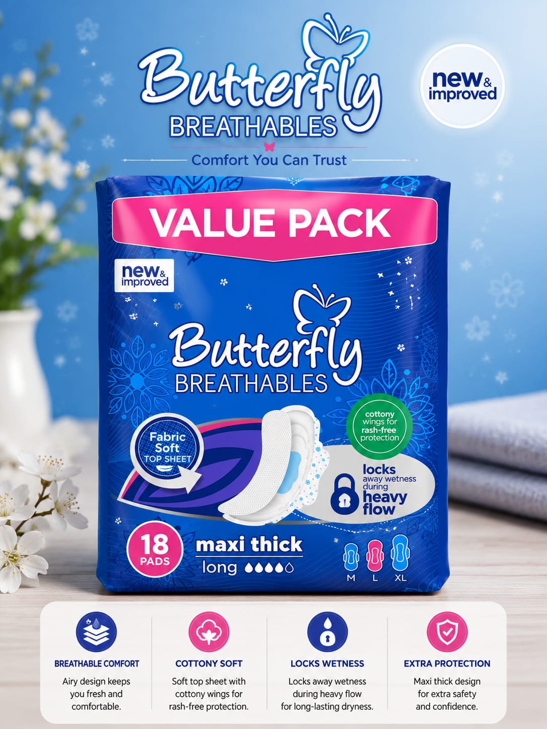 Butterfly Breathables Maxi Thick Long Sanitary Pads – Value Pack (18 Pads)