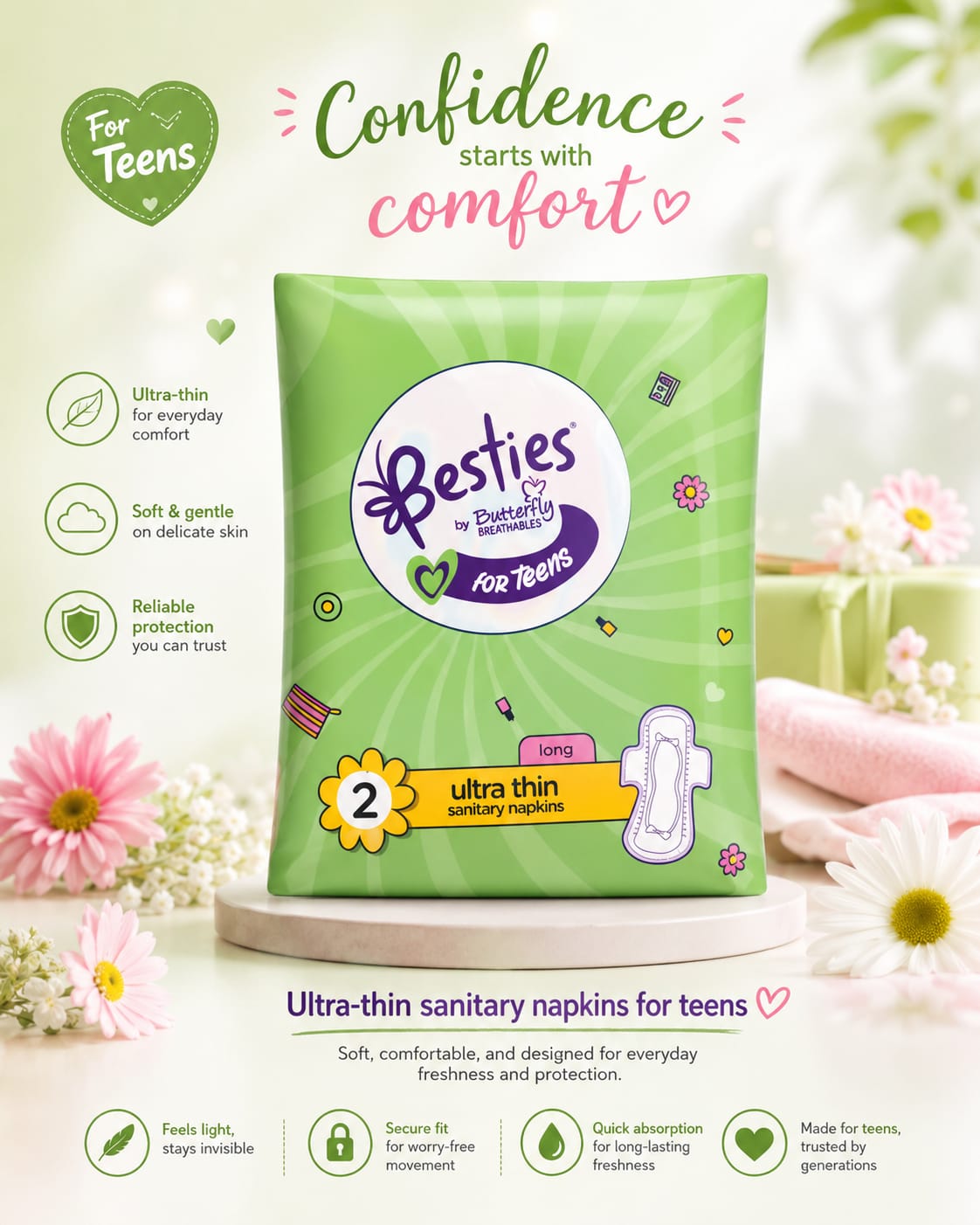 Besties For Teens Ultra Thin Sanitary Napkins pack of 16